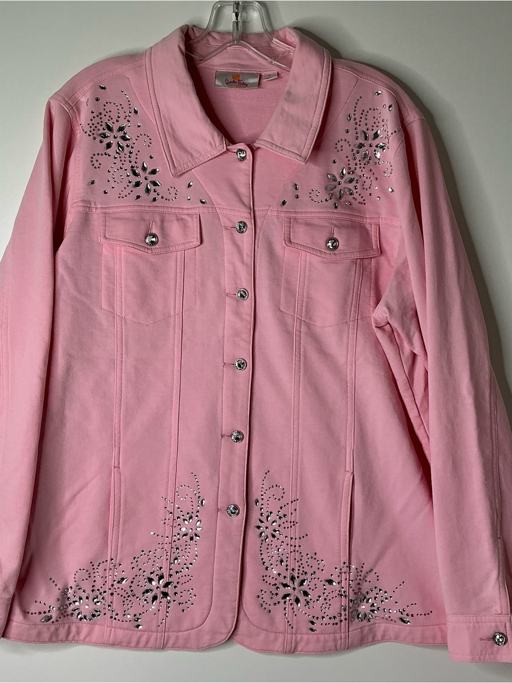 Quacker Factory Cotton Denim Jacket Sz L Pink Rhinestone Embellished Preowned